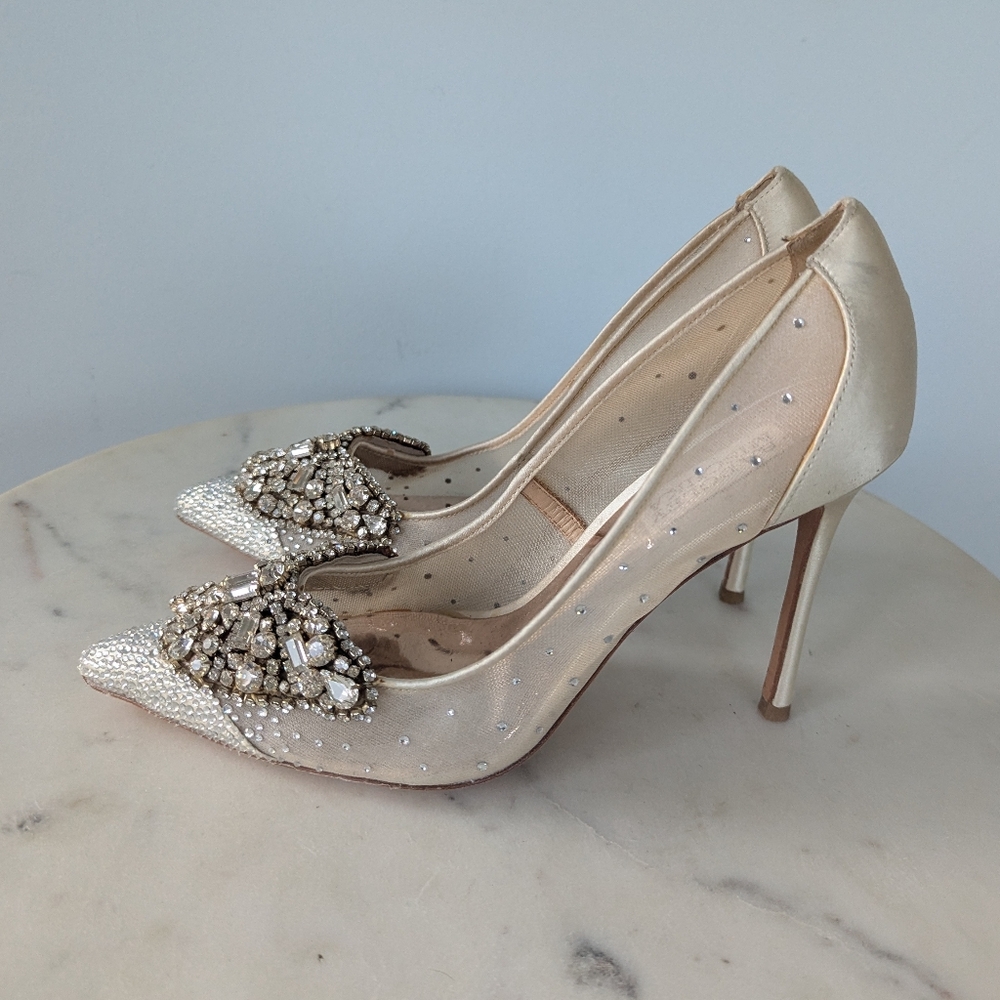 Badgley Mischka Quintana Rhinestone Satin Mesh Pumps Evening Wedding Heels - Picture 14 of 16
